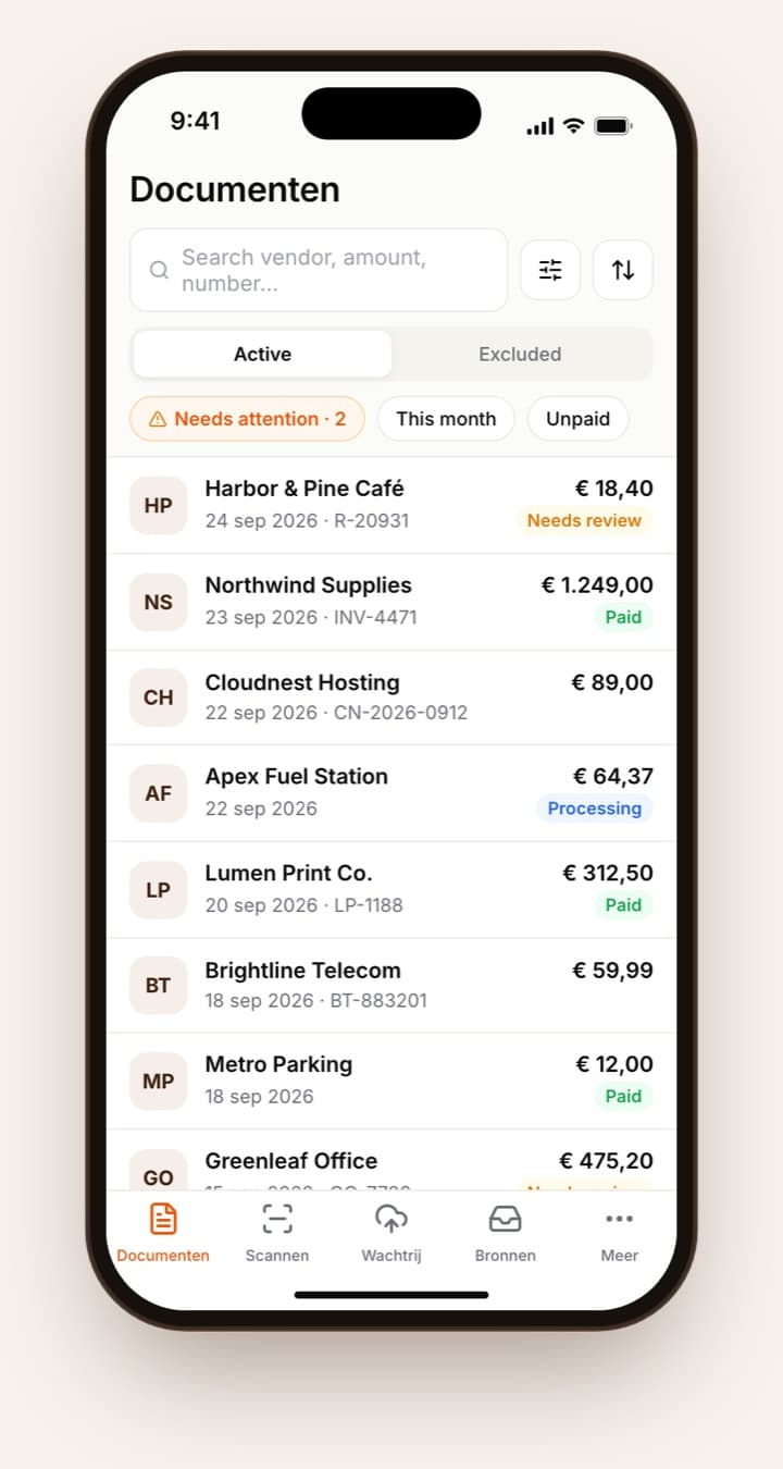 Tailride-app: de lijst Documenten met zoeken, filters en factuurstatussen