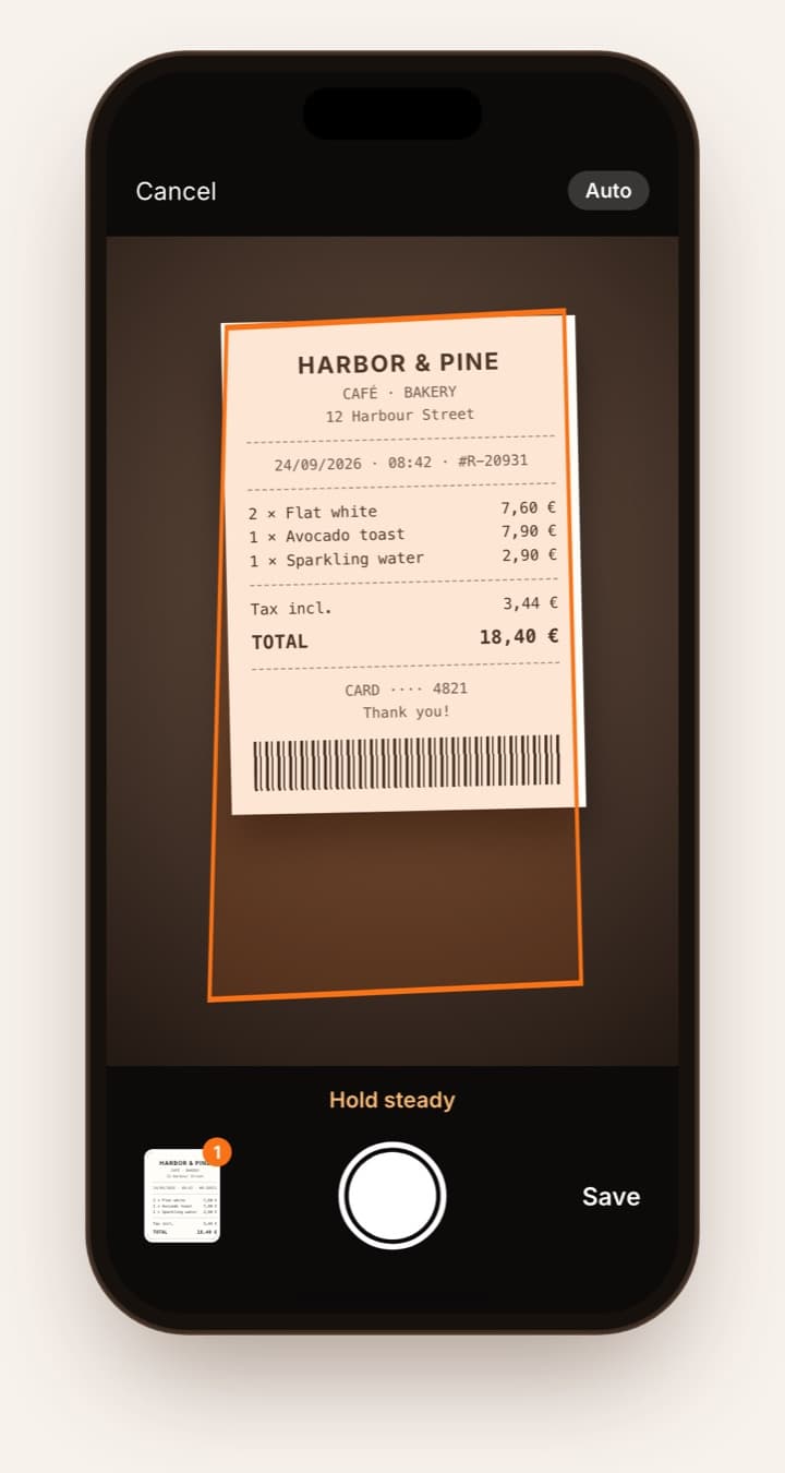 A digitalizar o recibo de um café: o scanner deteta as margens e recorta automaticamente