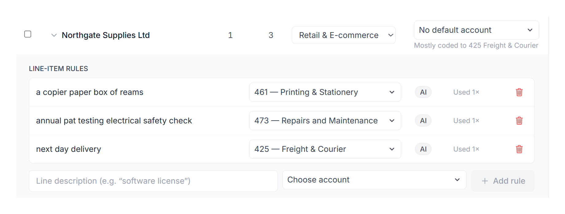 Regras de linha da Tailride: três linhas de uma fatura Northgate Supplies codificadas para Printing & Stationery, Repairs and Maintenance e Freight & Courier