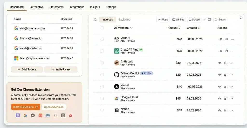 Tailride dashboard showing automatically collected ChatGPT invoices