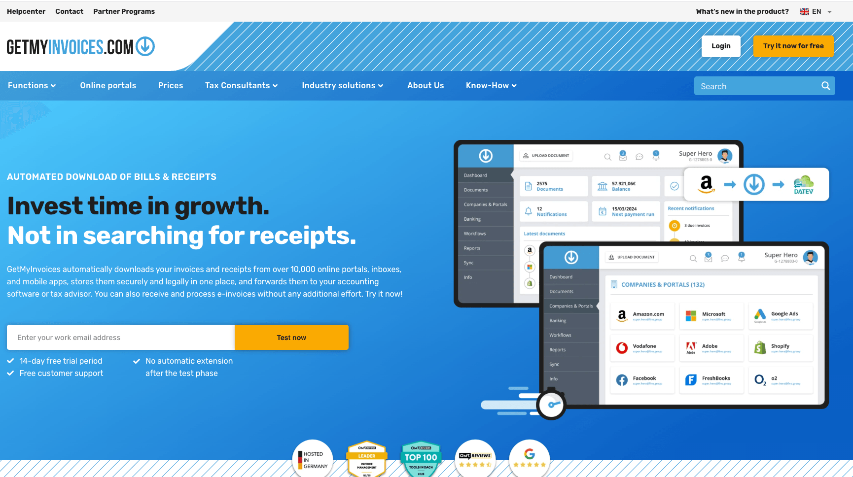 Interfaz del panel de GetMyInvoices