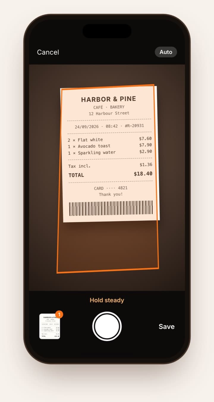 Scanning a café receipt: the scanner finds the edges and crops automatically