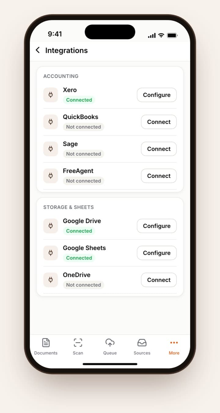 Integrations: Xero connected, QuickBooks, Sage, FreeAgent and storage options