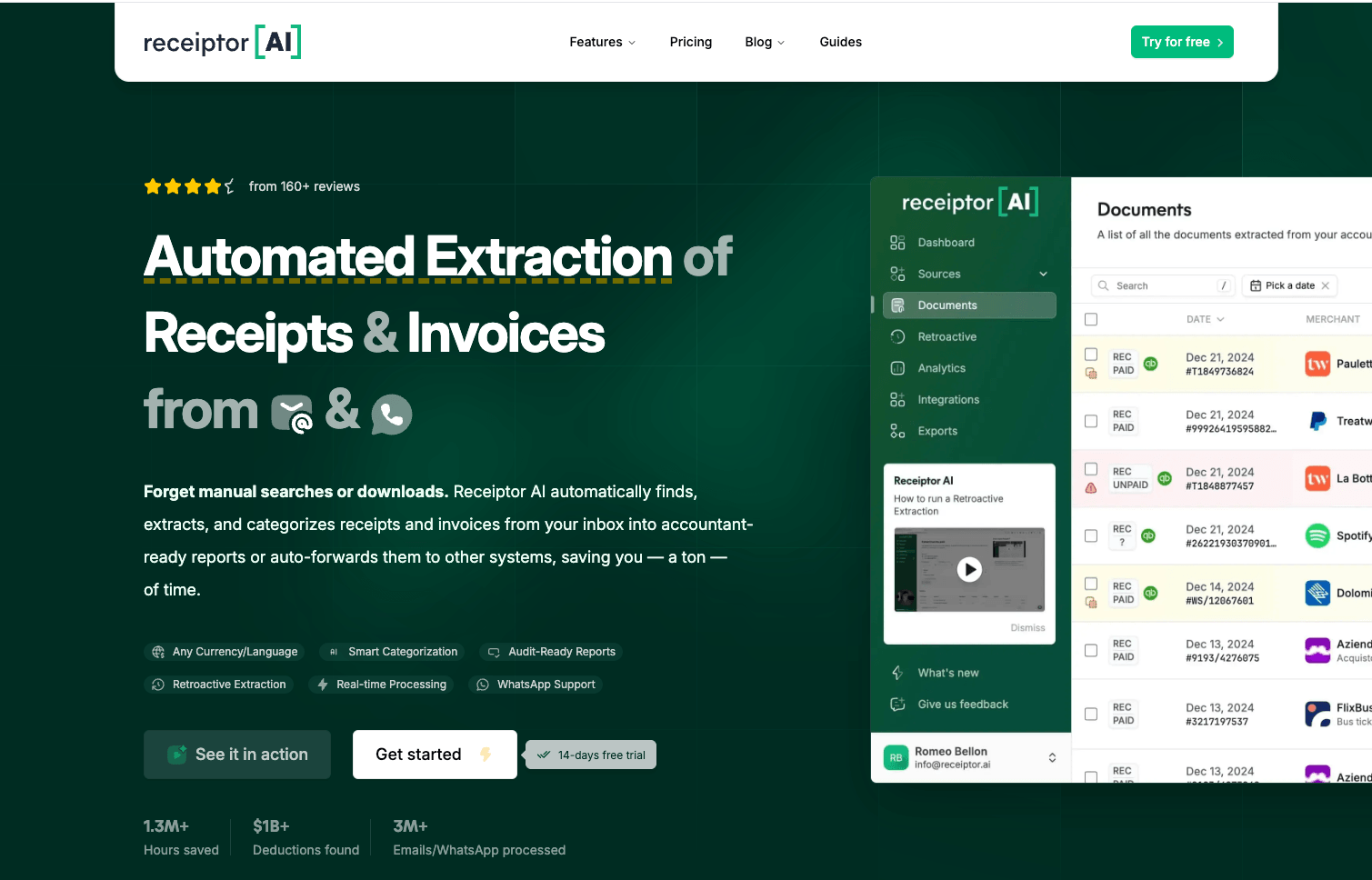 Receiptor dashboard interface