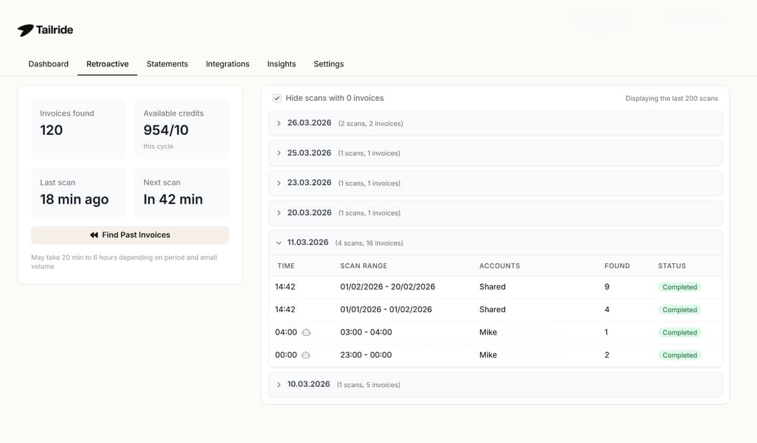 Panel de escaneo retroactivo de Tailride — historial de escaneos por fecha, facturas encontradas por escaneo, estado completado